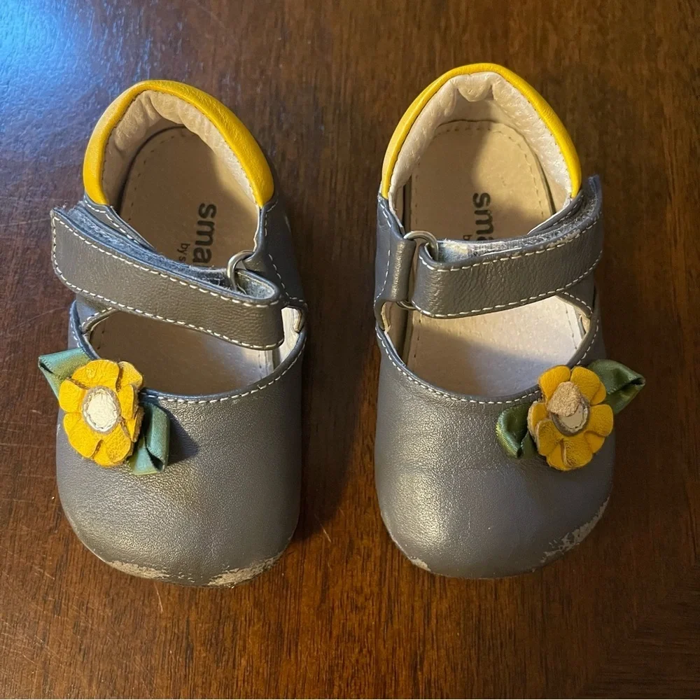 Gray Baby Shoes with Yellow Flower Accent
